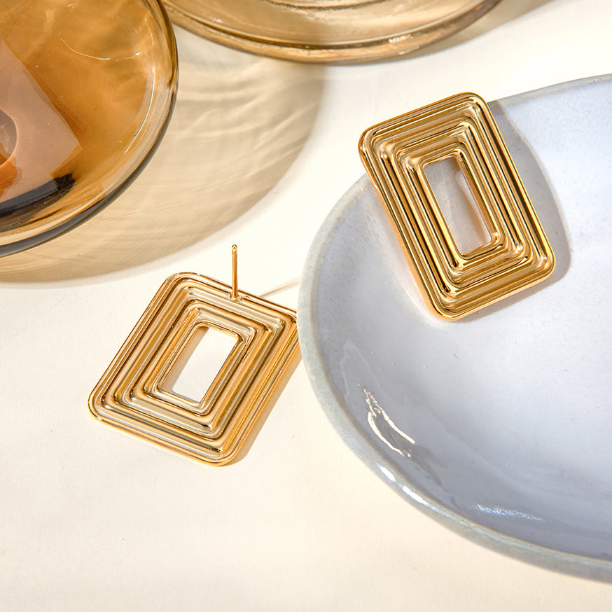 18k Gold Stainless Steel Rectangular Hollow Swirling Pattern Earrings