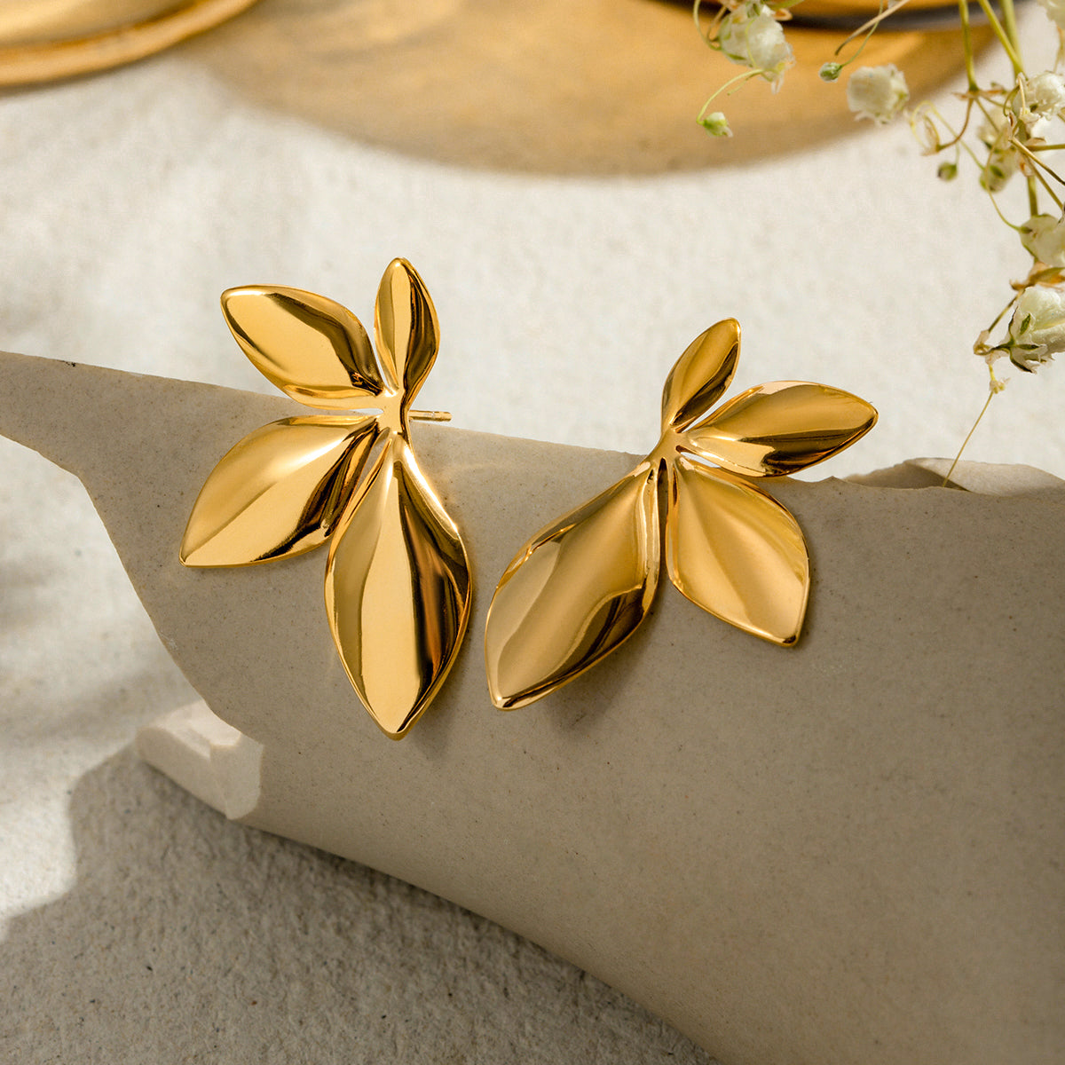 18K Gold Stainless Steel Rotating Gold Leaf Earrings