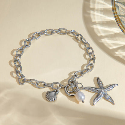 18K Gold Stainless Steel Starfish, Shell, and Natural Freshwater Pearl Bracelet 23cm