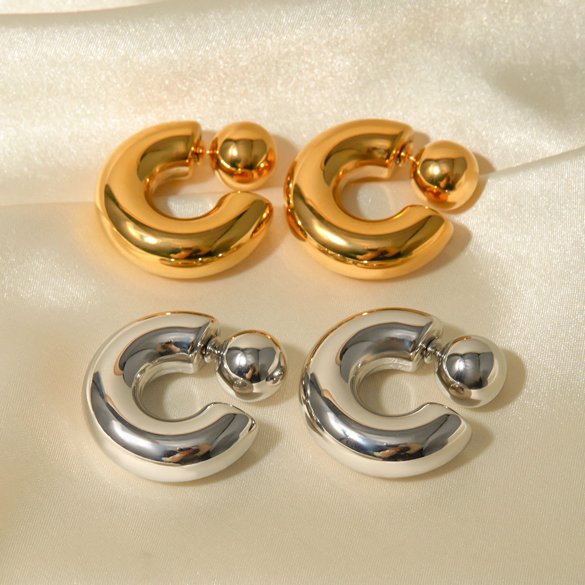 Stainless Steel Front and Back Wearable C-Shaped Earrings