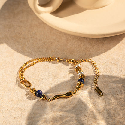 Gold Stainless Steel Glass Pearl Lapis Lazuli Irregular Waterdrop Casting Bead Bracelet