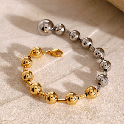 18K Gold Stainless Steel Gold & Silver Tone Straight Hole Steel Bead Chain Bracelet 19cm