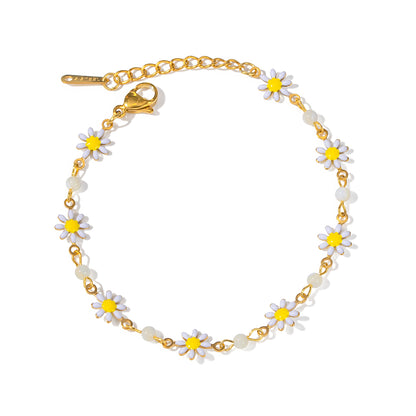 18K Gold Stainless Steel White Enamel & Shell Bead Daisy Bracelet