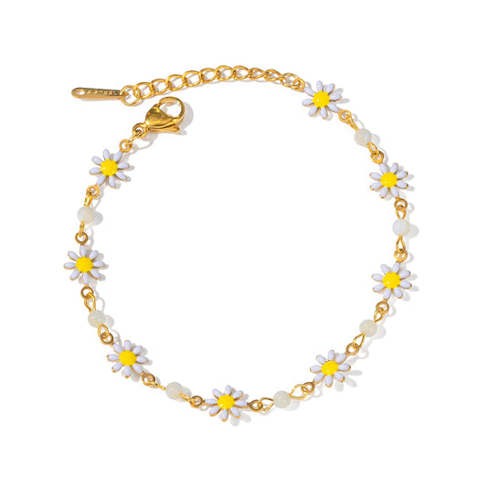 18K Gold Stainless Steel White Enamel & Shell Bead Daisy Bracelet