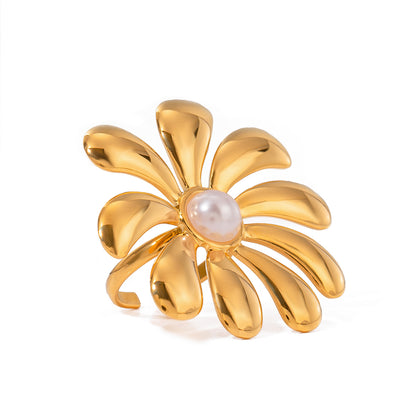 18K Gold Stainless Steel Pearl Sunflower Plastic Pearl Open Ring