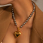 18K Gold Stainless Steel 3D Chunky Heart Peach Heart Round Bead OT Clasp Necklace