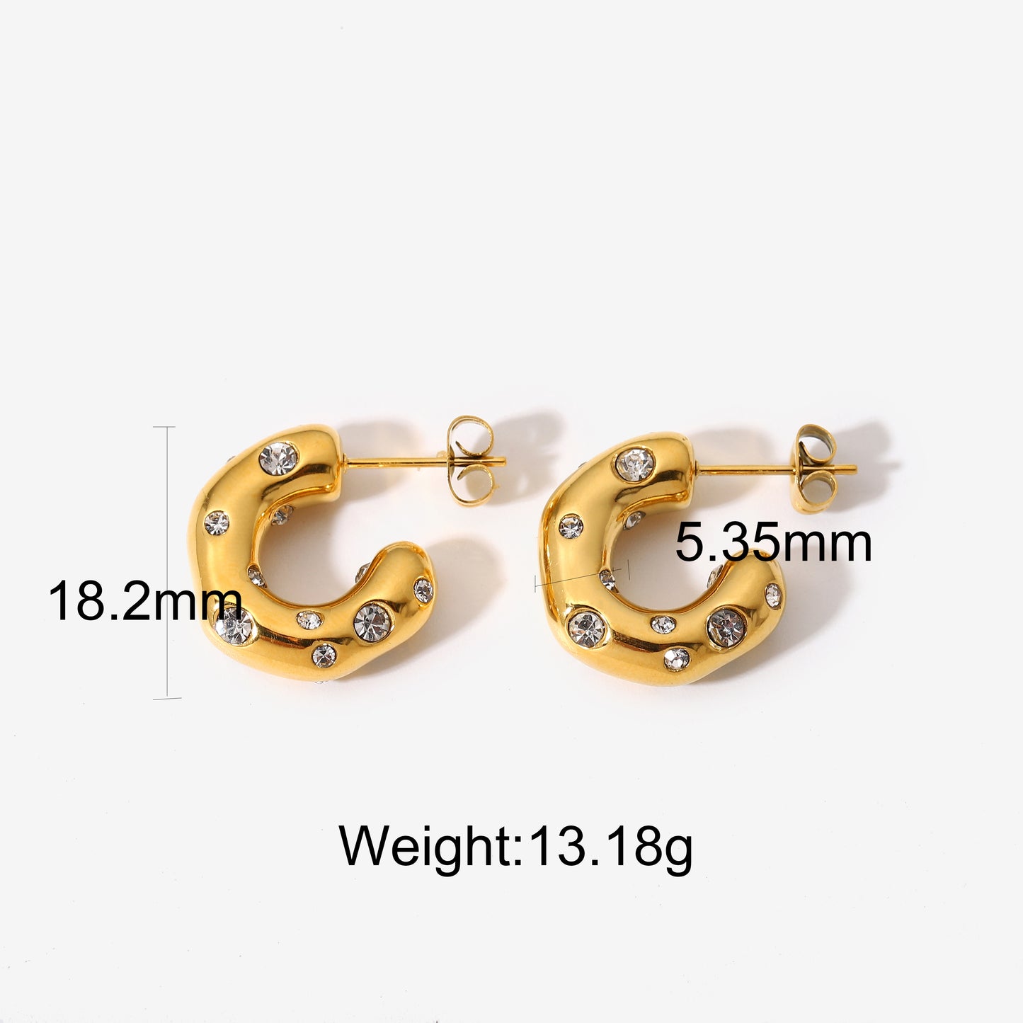 18K Gold Stainless Steel Irregular Hammered Earrings with Cubic Zirconia Inlaid C-shaped Ear Cuffs