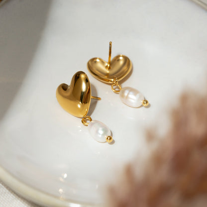 18K Gold Stainless Steel Polished Heart Freshwater Pearl Earrings