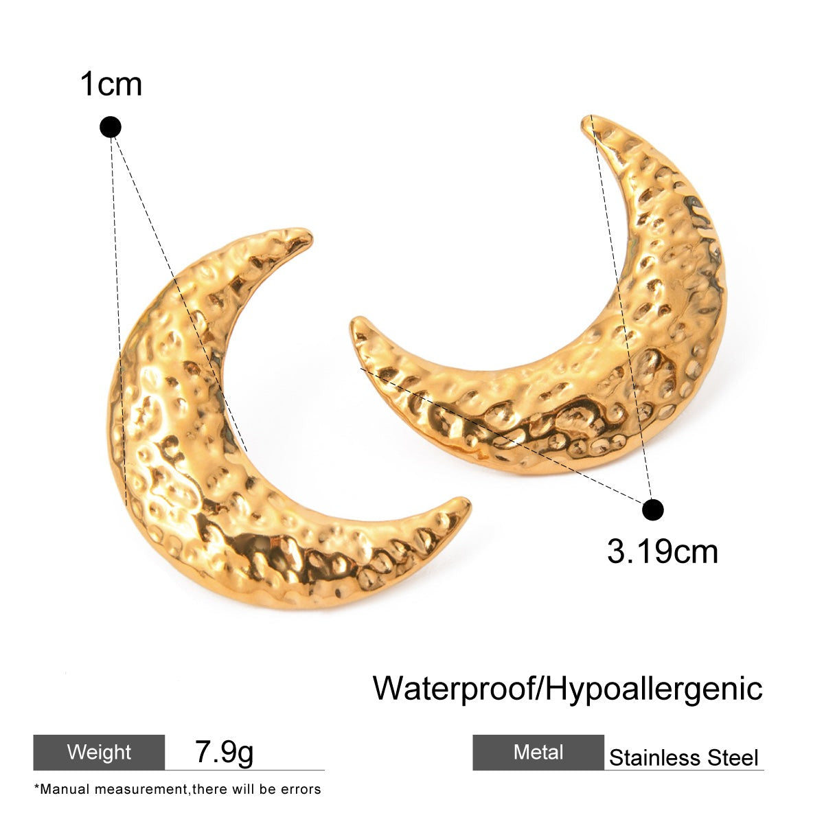 18K Gold Stainless Steel Textured Crescent Earrings (Left and Right)