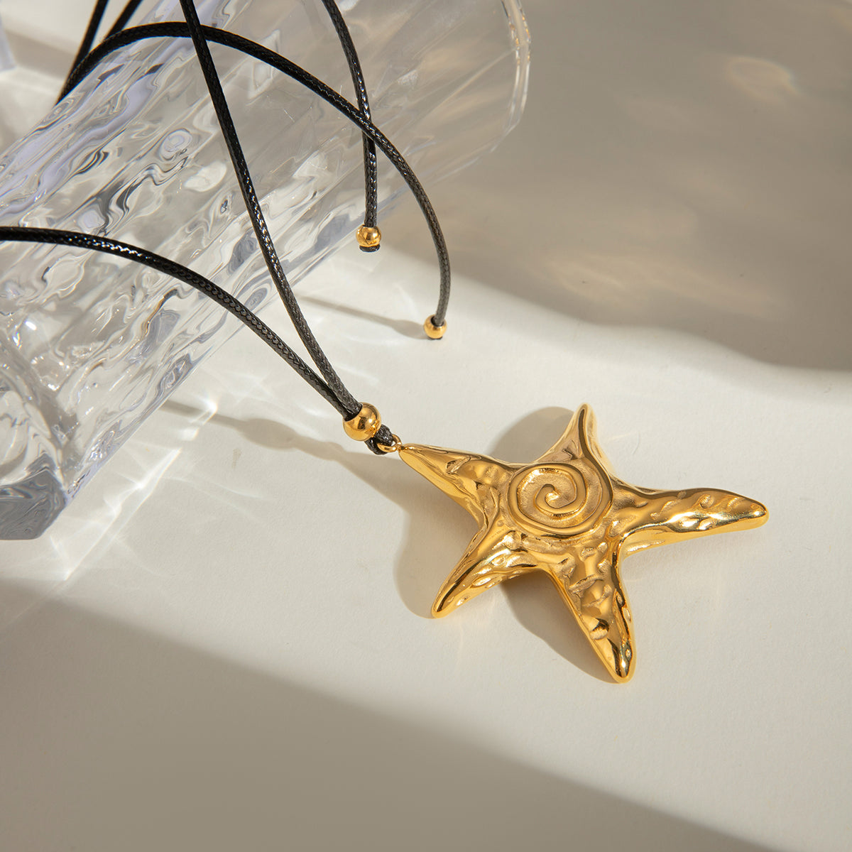 18K Gold Stainless Steel Large Retro Textured Starfish Pendant with Black Wax Rope Necklace 65cm