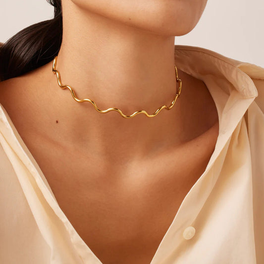 18K Gold Stainless Steel Wave Choker Necklace