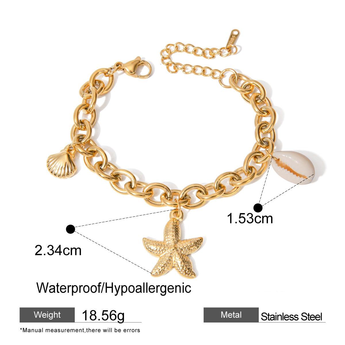 18K Gold Stainless Steel Starfish Shell and Conch Bracelet 16.5+5cm