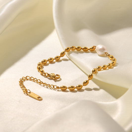 Natural Freshwater Pearl Oval Gold Bead Bracelet