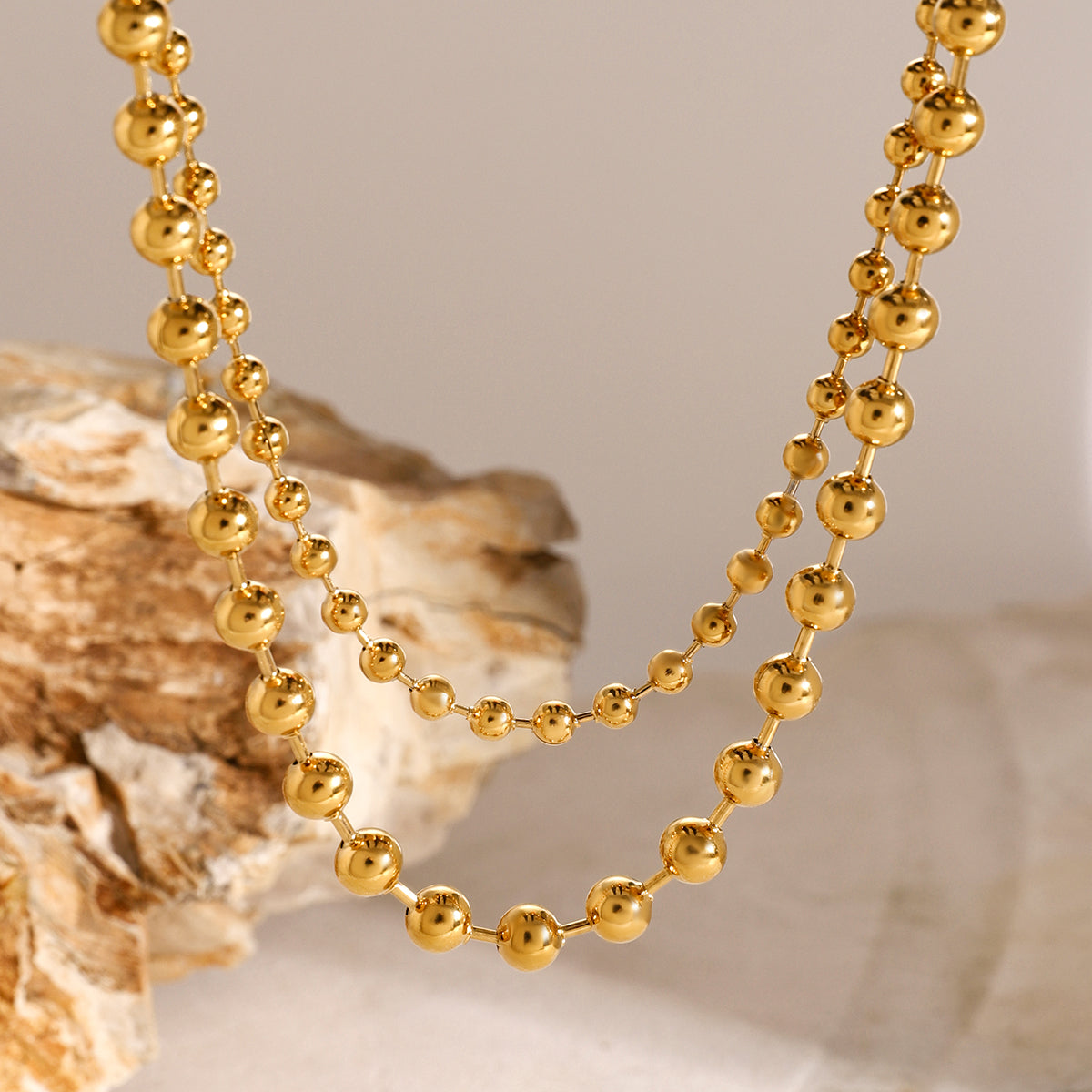 18k Gold Stainless Steel Double-Layer Necklace with Steel Beads