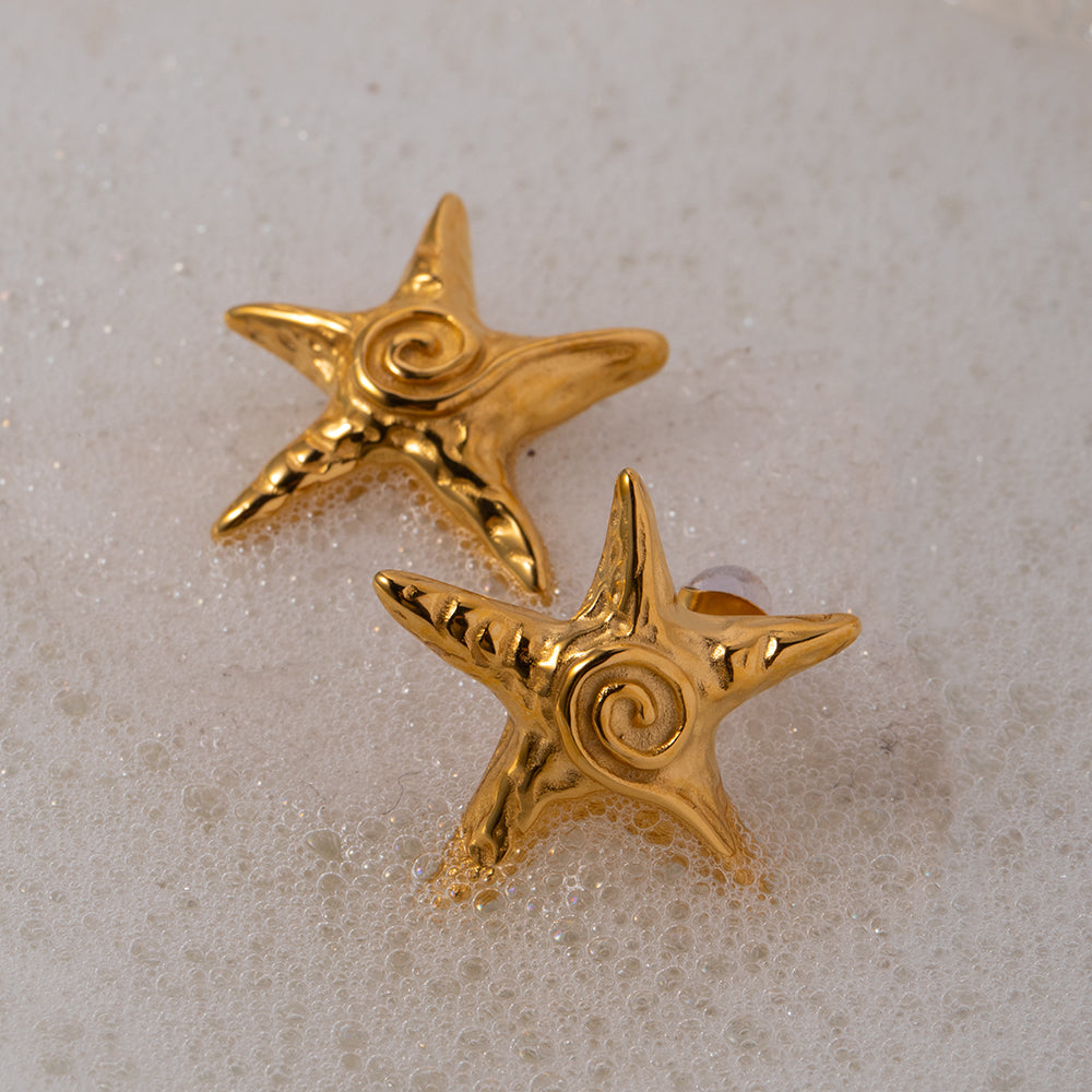 18K Gold Stainless Steel Starfish Swirl Textured Stud Earrings