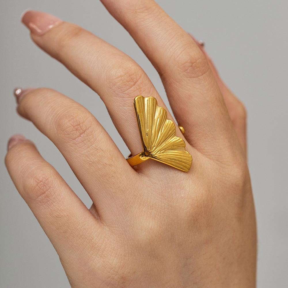 18K Gold Stainless Steel Ginkgo Leaf Ring