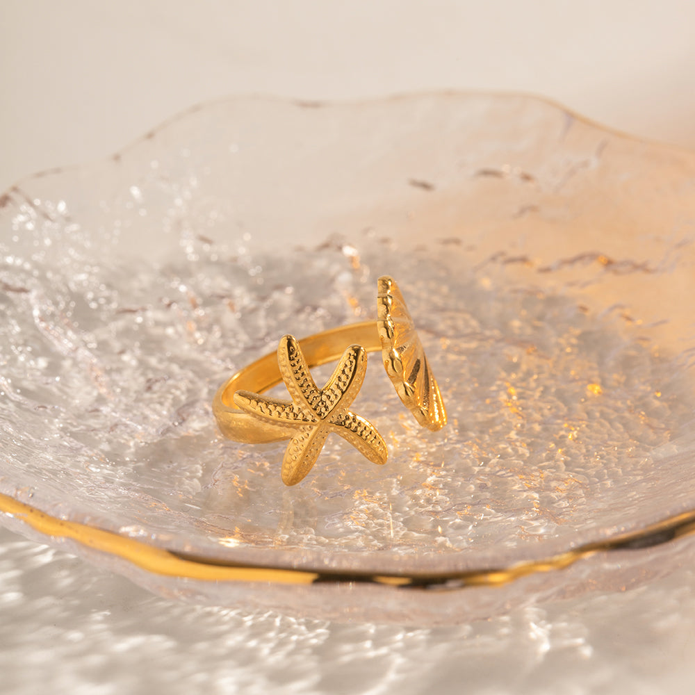 18K Gold Stainless Steel Starfish Shell Ring