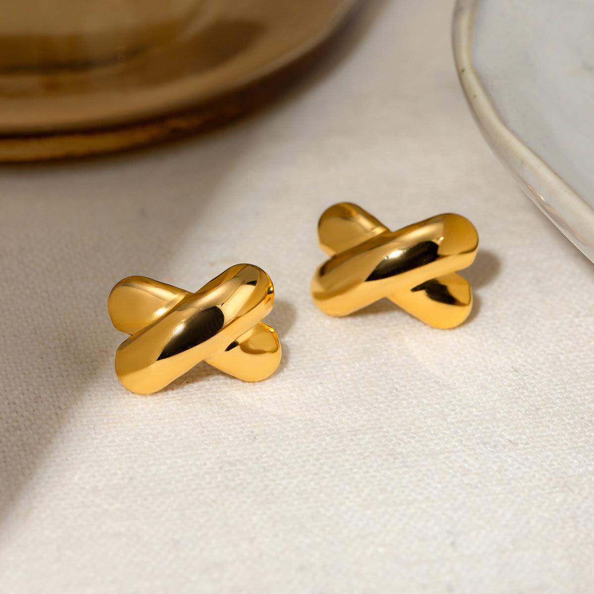 18K Gold Stainless Steel Wide X-Shaped Stud Earrings