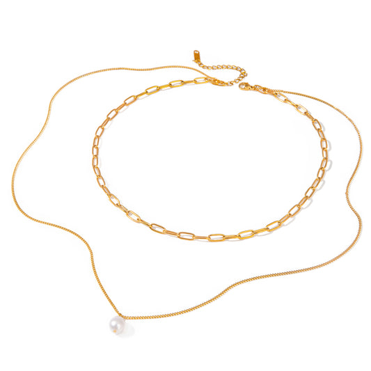 18K Gold Stainless Steel and Pearl Long Paperclip Chain Necklace 40/50+5cm