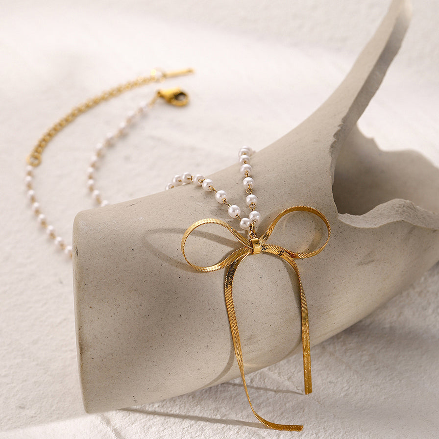 18k Gold Stainless Steel Pearl Bow Pendant Necklace