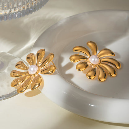 18K Gold Stainless Steel Pearl Sunflower Plastic Pearl Earrings