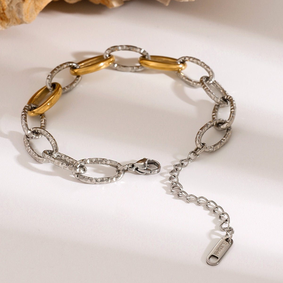 18K Gold Stainless Steel Gold and Silver Dual Tone Hammered Thick Chain Bracelet 17+5cm