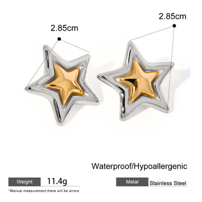 Gold Stainless Steel Two-Tone Convex Five-Pointed Star Earrings