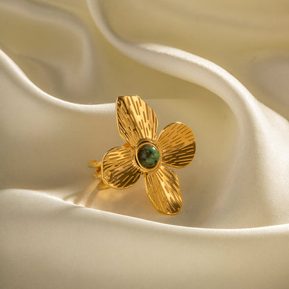 Four-Petal Flower Ring with Inlaid African Turquoise