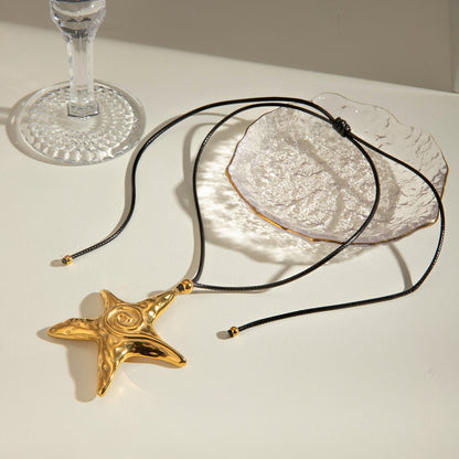 18K Gold Stainless Steel Large Retro Textured Starfish Pendant with Black Wax Rope Necklace 65cm