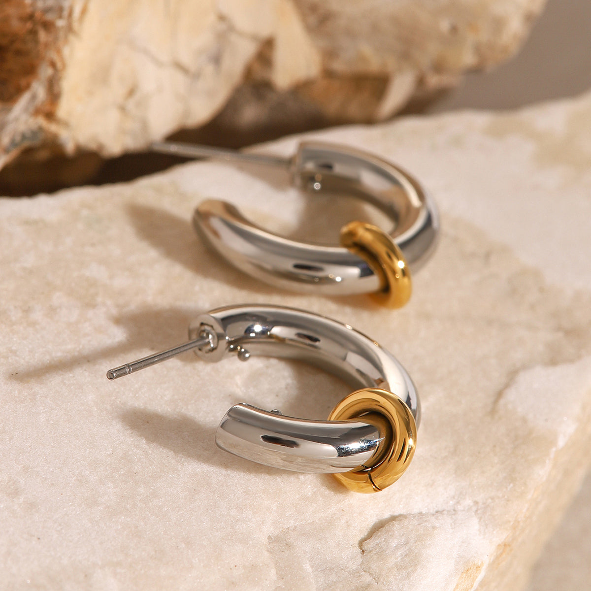 18k Gold Stainless Steel Steel & Gold Tone Minimalist C-Shaped Earrings with Gold Hoop Charm