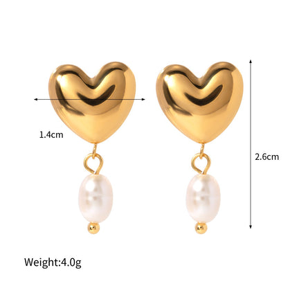 18K Gold Stainless Steel Polished Heart Freshwater Pearl Earrings