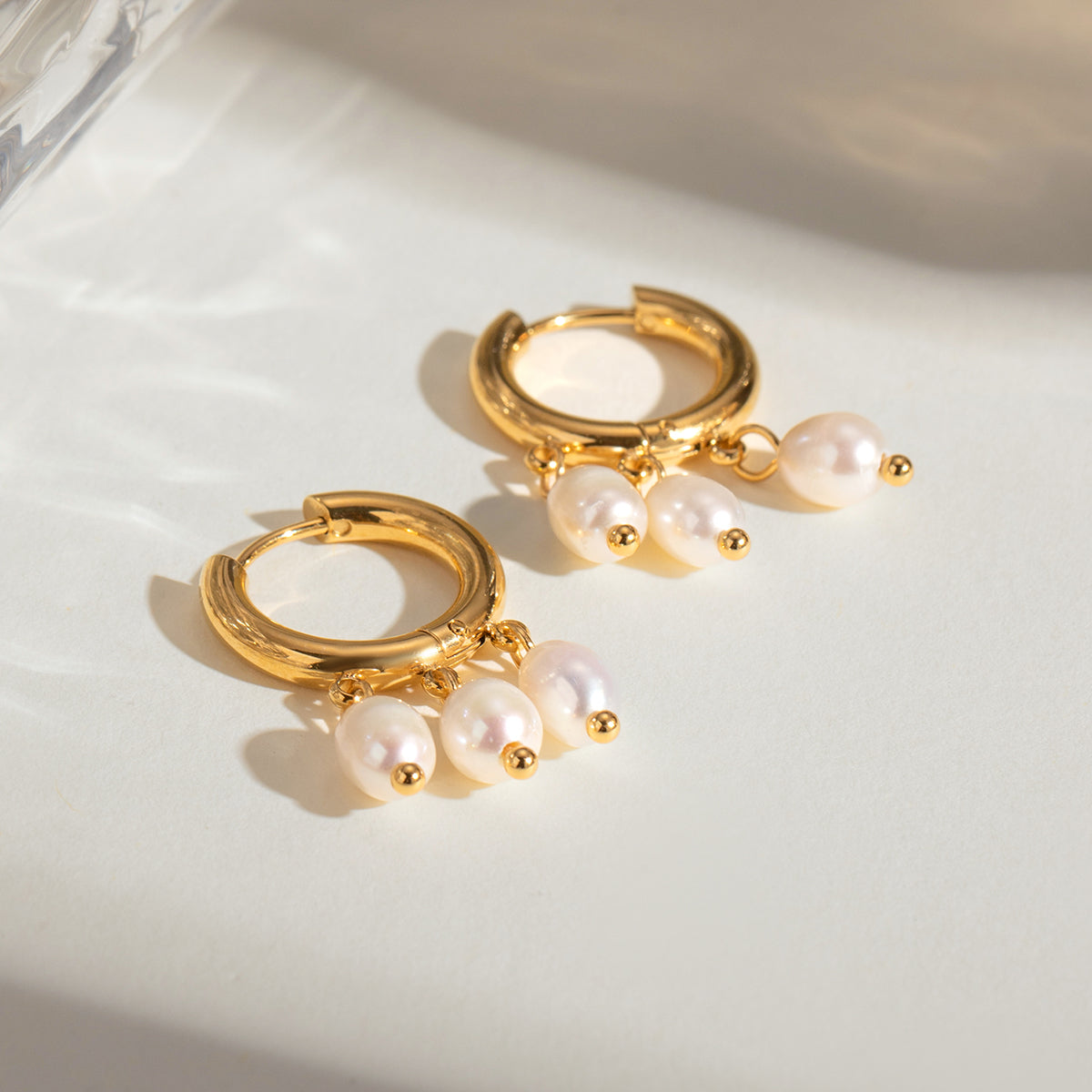 18k Gold Stainless Steel with Freshwater Pearls Hoop Earrings with Three White Freshwater Pearls