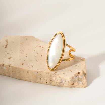 18k Gold Stainless Steel Natural Iridescent White Mother-of-Pearl Oval Luxury Ring