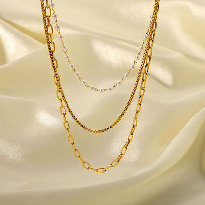 18k Stainless Steel Small Pearl Lock Chain Triple-Layer Necklace