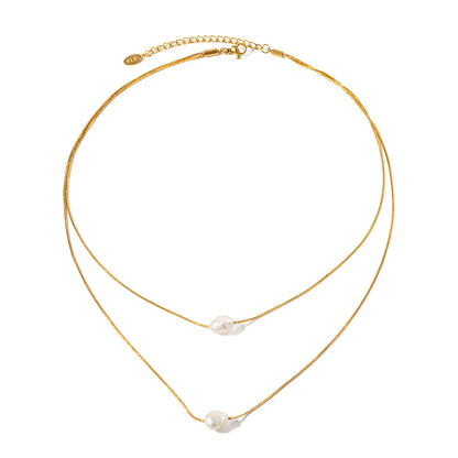 18k Gold Stainless Steel with Freshwater Pearl Double Layer Necklace