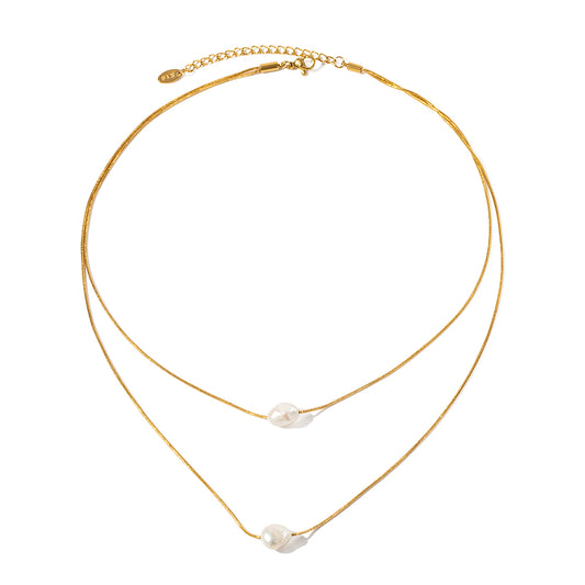 18k Gold Stainless Steel with Freshwater Pearl Double Layer Necklace