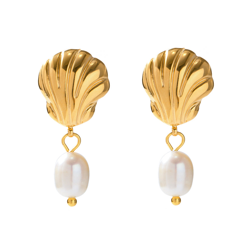 18K Gold Sand Shell Natural Freshwater Pearl Earrings