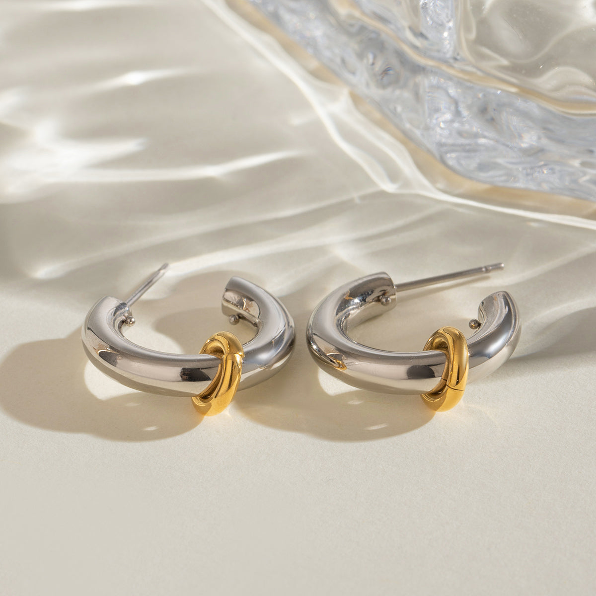 18k Gold Stainless Steel Steel & Gold Tone Minimalist C-Shaped Earrings with Gold Hoop Charm