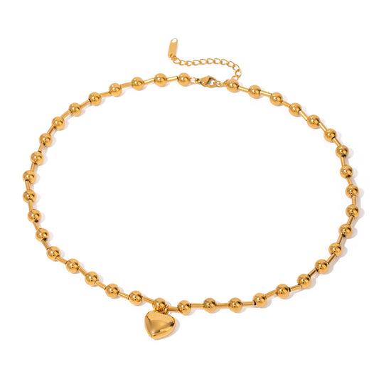 18k Gold Stainless Steel Heart Polished & Steel Ball Chain Necklace