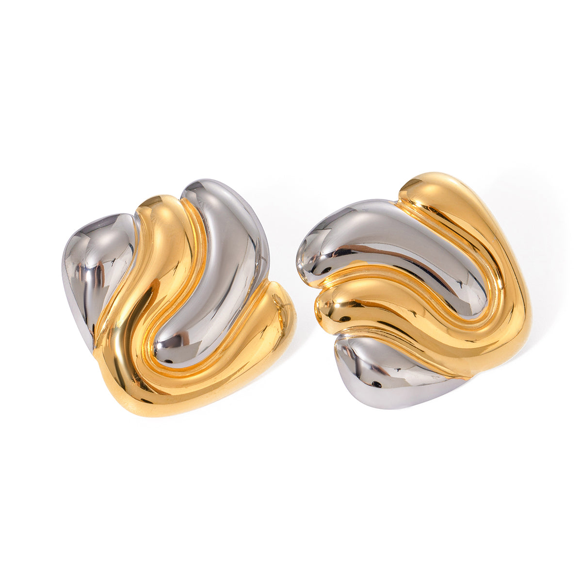 18K Gold Stainless Steel Dual Tone Irregular Concave Earrings