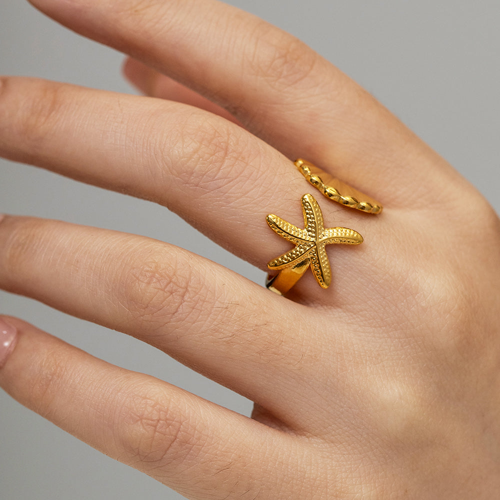 18K Gold Stainless Steel Starfish Shell Ring