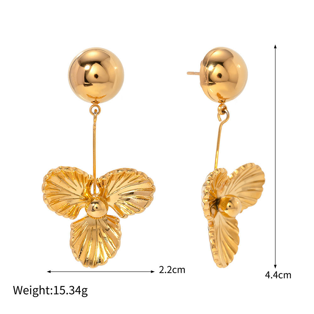 18k Gold Stainless Steel Hemisphere Three-Petal Flower Pendant Earrings