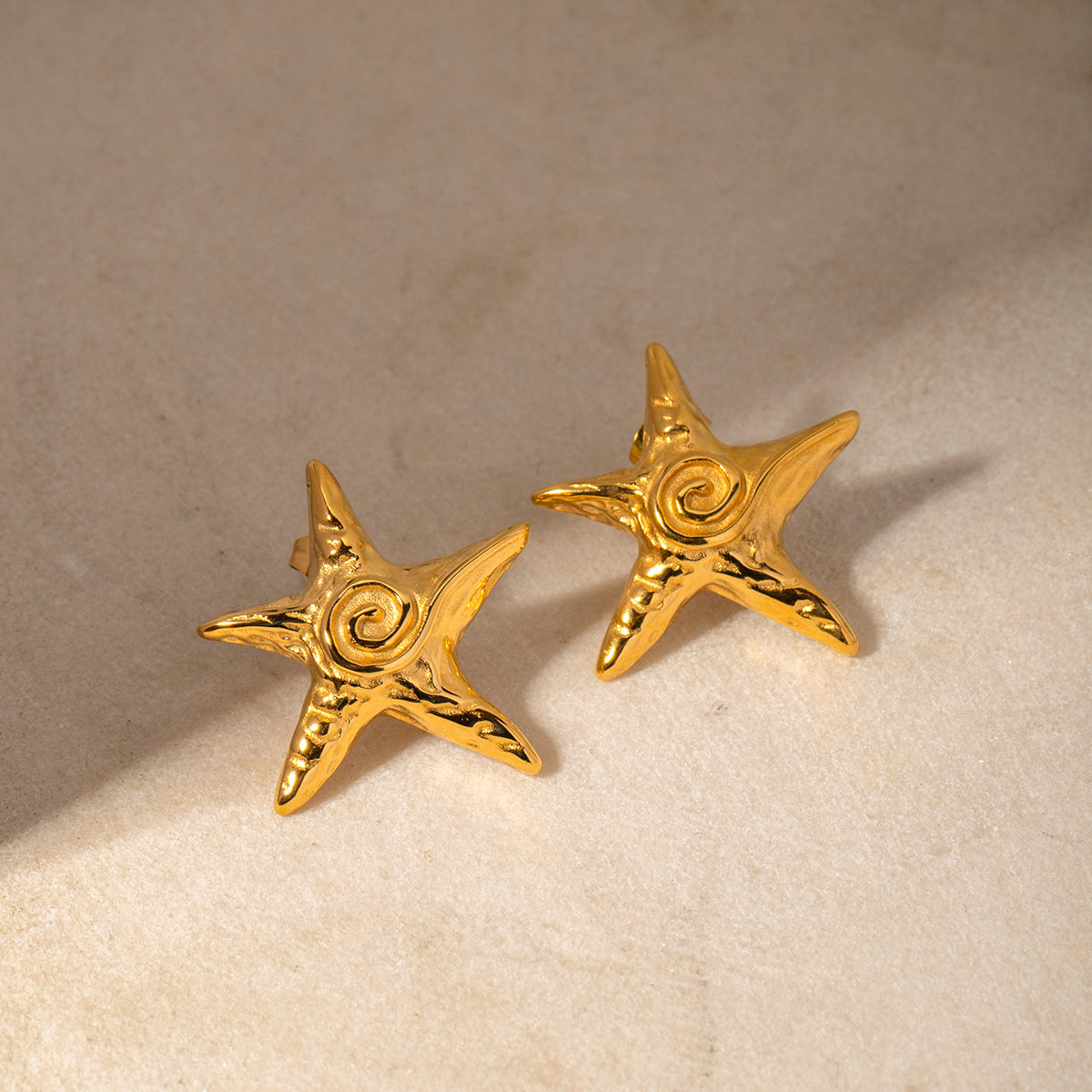 18K Gold Stainless Steel Starfish Swirl Textured Stud Earrings