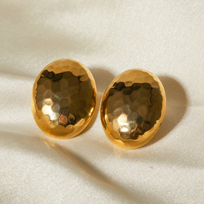 18K Gold Stainless Steel Hammered Disco Mosaic Oval Earrings