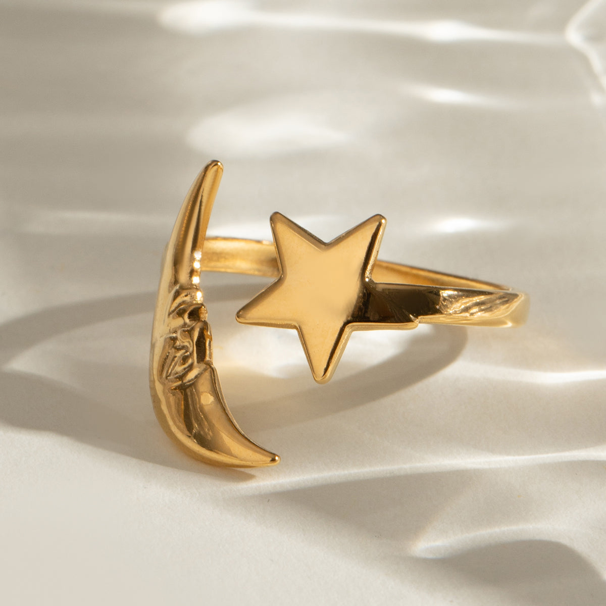 18k Gold Stainless Steel Simple Star and Moon Open Ring