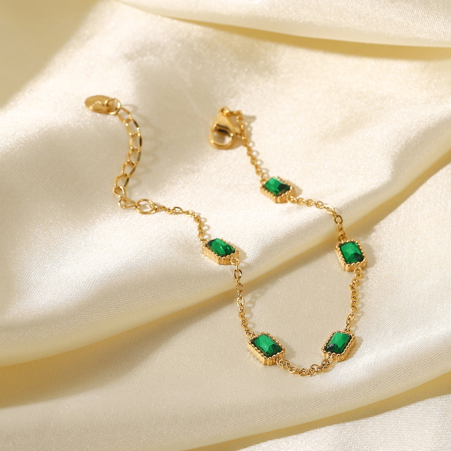 14K Gold Multiple Square Green Zircon Bracelet