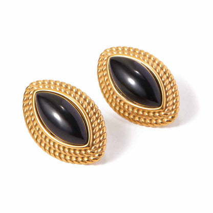 18K Gold Stainless Steel Marquise Black Onyx Earrings