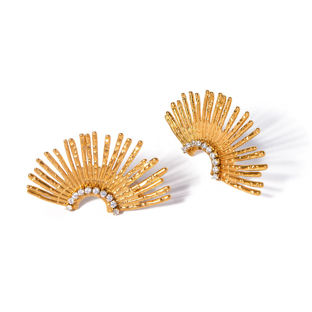 18K Gold Stainless Steel Fan-shaped Textured Earrings with Rhinestone