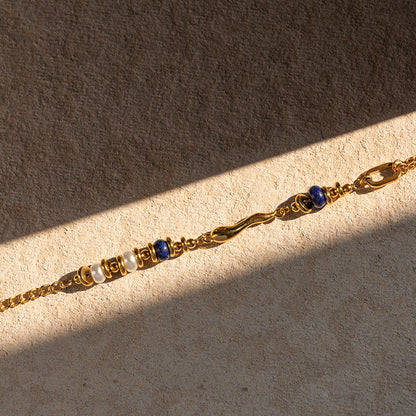 Gold Stainless Steel Glass Pearl Lapis Lazuli Irregular Waterdrop Casting Bead Bracelet