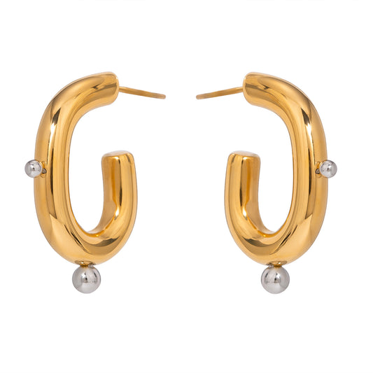 18k Gold Stainless Steel Gold & Steel Tone C-Shaped Earrings with Two Steel Beads